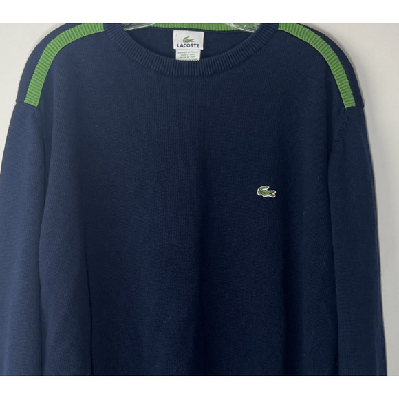 Lacoste Knit Cotton Sweater Mens 7 XL Navy Green Stripe Logo Pullover Jumper - Picture 3 of 9